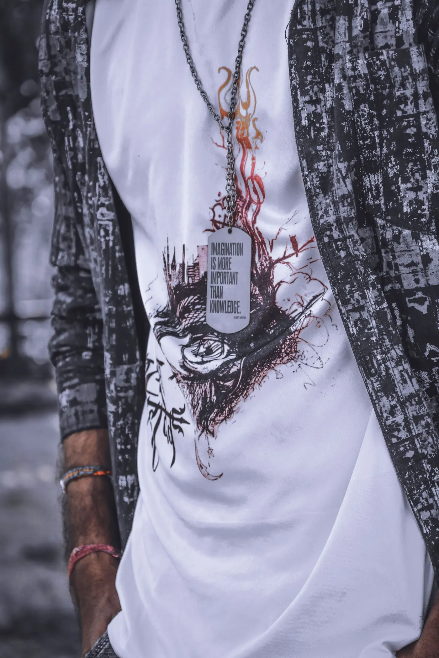 A close-up of a T-shirt printed with full-color artwork