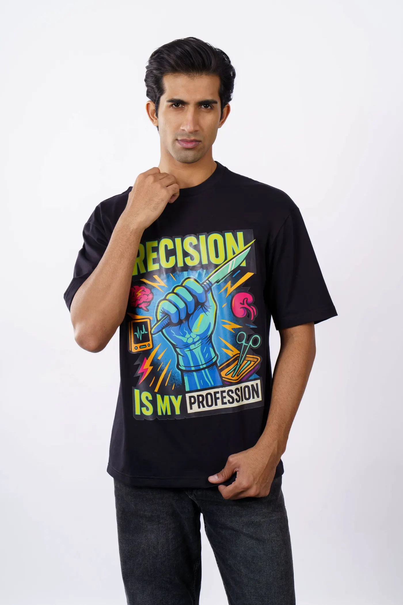 A T-shirt with a bold full-color printed graphic