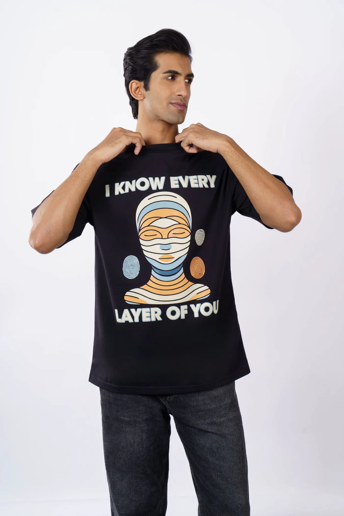 A T-shirt with an abstract full-color print